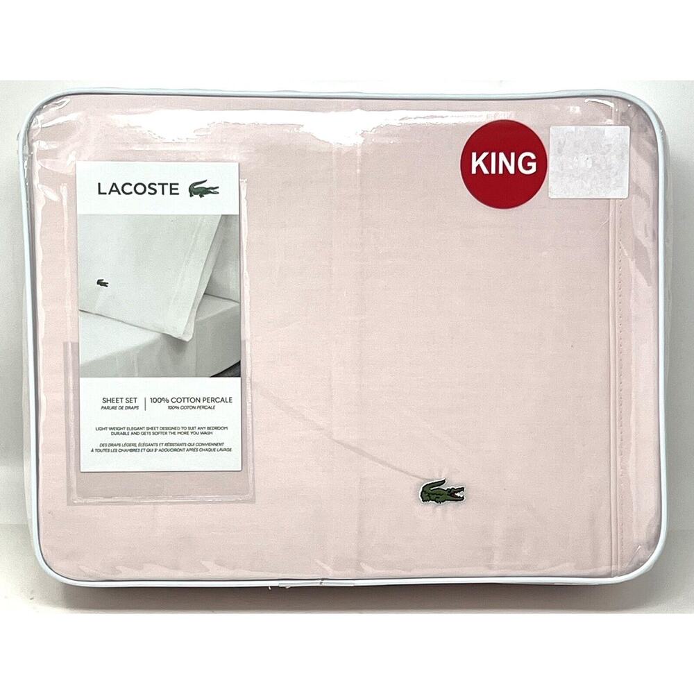 Lacoste KING Sheet Set Iced Pink 100% Cotton Percale Crocodile Logo 4 Pieces